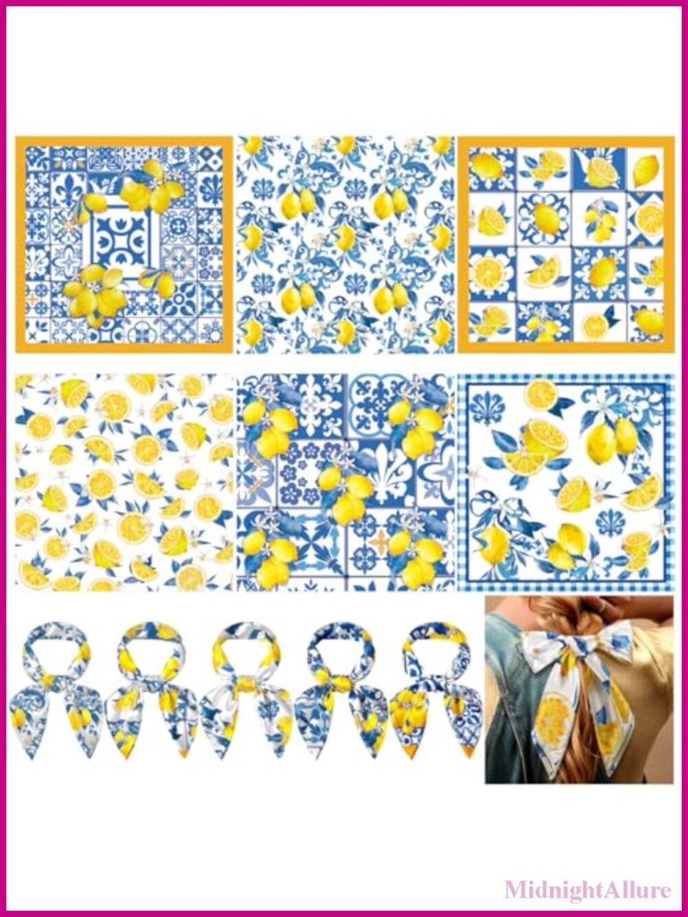 6 Pc Silk Square Scarf Set 27.56 in Lemon Print Head Neck Purse Bag Accessories
